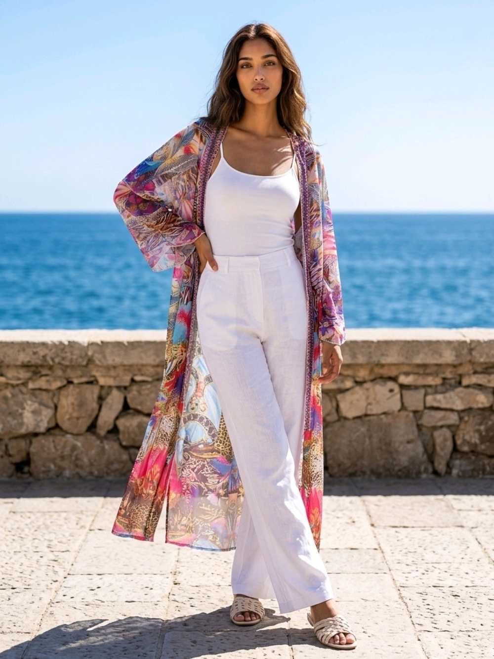 Sheer Floral Multicolor Beach Kimono - Women Swim
